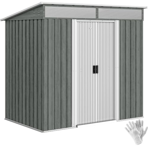 Outsunny Casetta da Giardino 2m² Acciaio Zincato Prese d'Aria Grigio Chiaro | Capanno da Giardino con Finestre Trasparente, Tetto Inclinato, Porta Scorrevole Bloccabile, 2 Ganci