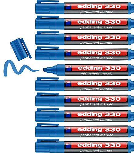 edding 330 Permanentmarker - hell-blau - 10 Stifte - Keil-Spitze 1-5 mm - wasserfest, schnell-trocknend - wischfest - für Karton, Kunststoff, Glas, Holz, Metall, Glas