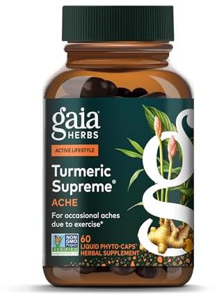 Gaia Herbs Turmeric Supreme Ache- Helps Provide Relief of Occasional Aches - with Turmeric Curcumin, Black Pepper, Devil’s Claw, Ginger, Feverfew & More - 60 Liquid Phyto-Capsules(30-Day Supply)