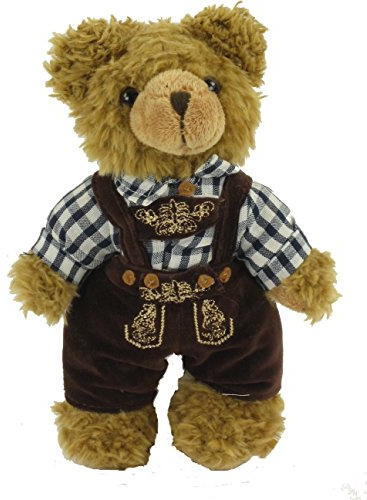 Trachten-Teddybär, 22cm, stehend, braun/blau, Plüschteddybär mit Lederhose
