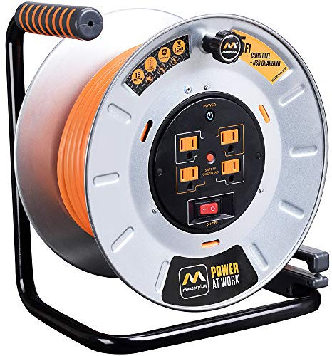 Masterplug Heavy Duty Metal Cord Reel with 4-120V 15amp Integrated Outlets and 12 Gauge High Visibility Cord (75ft)