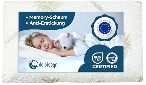 DOLCI SOGNI Cuscino Lettino Bambino Antisoffoco 50x30 Memory Foam Spessore 5,5 cm, OEKO-TEX® e CertiPUR™ Cuscino per Asilo, Guanciale Bambini Modello Aloe Cuscino da Viaggio 100% Made in Italy