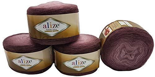 Angora gold Ombre 4 x 150 g Alize Strickwolle Farbverlauf, 600 Gramm Strickgarn mit 20% Wolle-Anteil, Farbverlufswolle (Beere 7295)