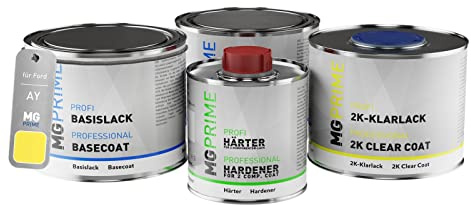 MG PRIME Autolack Dosen Set für Ford AY/NADCAXXA Zinc Yellow 1,75L | India Gelb, Set aus Grundlack + Basislack + 2K Klarlack + Härter, Literware, spritzfertig