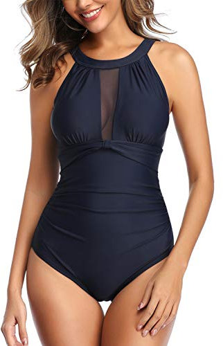 Joweechy Ruched Tummy Control One Piece Halterneck Swimsuit High Neck Mesh Swimwear Retro Vintage Swimming Costume for Women, Navy-high Neck, M