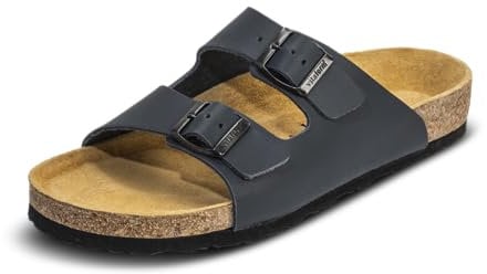 VITAFORM Original Extrabreite Pantoletten für Herren in Blau I Größe 40 I Langlebig & gelenkschonend mit Korkfußbett & Velourslederbezug I Echtes Vollrindleder I Echte Handwerkskunst