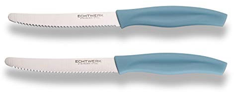 ECHTWERK Cuchillo para pan/cuchillo para desayuno de acero inoxidable con filo de sierra, adecuado para panecillos, baguettes, frutas y pasteles, mango ergonómico de plástico, azul claro, 2 uds.
