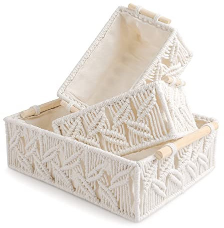 ANMINY Makramee-Aufbewahrungskörbe-Set, handgefertigt, Baumwolle, gewebt, dekorativ, Boho-Stil, Schreibtisch-Aufbewahrungsboxen mit Holzgriffen, Kinderzimmer, Baby, Kind, Handtuch, Papier, großes