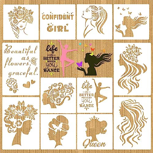 VETPW 12Pcs Frauen Schablonen Inspirierend Zitat Stencils Set, Wiederverwendbare Florale Weibliche Gesicht Design Handwerk Malerei Vorlage, Zeichnungsschablone für Wandmalerei Scrapbooking Home Dekor