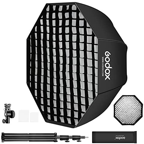 Godox 120 cm achteckiger Regenschirm-Softbox-Set mit Gitter, 2 m Lichtständer, Typ-E, Blitzschuh-Halterung, kompatibel mit Octobox für Studio-Foto, Blitzlicht