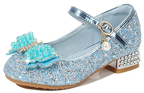 YOSICIL Principessa Scarpe con Tacco da Bambine e Ragazze con Fiocchi Scarpe da Principessa con Paillettes Ragazza Ballerine Glitterate Scarpe Eleganti Partito e Carnevale,Blu,32