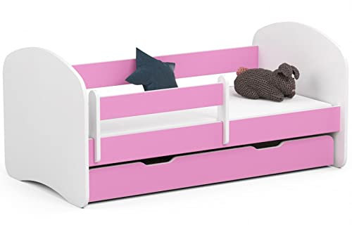 ADGO Smile Set Kinderbett + Matratze 140x70 cm, Bett mit Rahmen, Schublade und Barrieren, fürs Kinderzimmer, Jugendbett mit Rausfallschutz, Lattenrost Kinderbetten (Versand in 2 Paketen)(Rosa)
