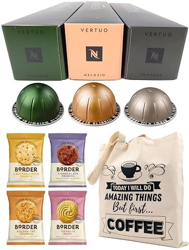 Coffee Pod Variety Pack for Nespresso Vertuo Machine - Stormio, Fortado, Melozio - 3 Boxes (30 Pods) Bundled with Border Biscuits and Reusable Tote Bag