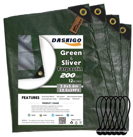 DASKIGO 4 x 6M Heavy Duty 200GSM Green&Silver Reinforced Tarpaulin Cover Waterproof Sheet & 6 Pcs Bungee Balls