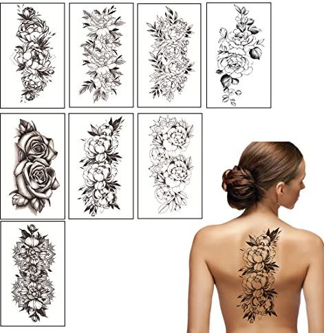 Androxeda 8 BläTter Groß Schwarz Rose Blume Temporäre Tattoos Frauen Körper Arm Beine Päonie Geometrisch Tattoo Aufkleber Gefälscht Wasserdicht Skizzieren Tätowierung Pfingstrose Temporary Tattoos