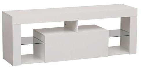 Happy Garden Meuble TV Daryl Blanc avec Bande LED. Meuble Bas Style Contemporain pour télévision et Console de Jeux. Meuble 140cm avec Compartiment fermé et étagères.