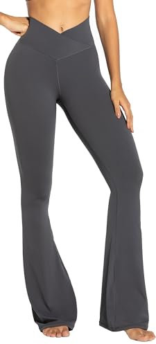 Sunzel Leggings, ausgestelltes Bein, überkreuzte Yogahose mit Bauchkontrolle, hoher Bund und weites Bein, grau dunkel, M