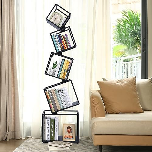 Weltallina Bücherregal mit 5 Etagen, geometrisches Metall-Bücherregal, modernes einzigartiges Bodeneck-Bücherregal, 170,2 cm, Präsentationsaufbewahrung, Bücherregal für Wohnzimmer, Schlafzimmer, Büro
