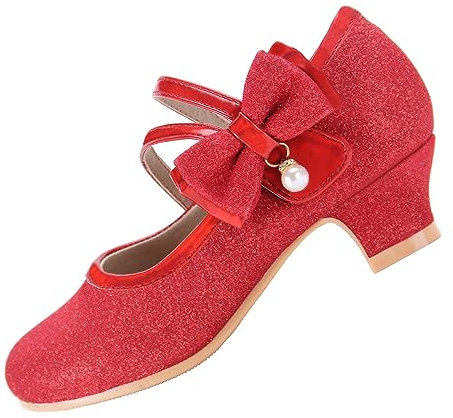 EIGHT KM Girls High Heel Dress Shoes Mary Jane Wedding Party Pump Princess Shoes EKM7035 Sparkle Glitter Pearl Minerva Red UK Toddler Size 10