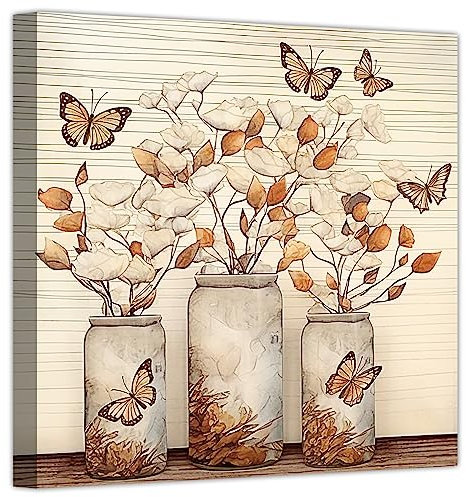 LZIMU Badezimmerbild auf Leinwand blaugrüne Vase Schmetterling Blumenflaschen und Pflanzen Leinwandbild rustikales Landhaus Wanddekoration Gerahmt (60x60cm)