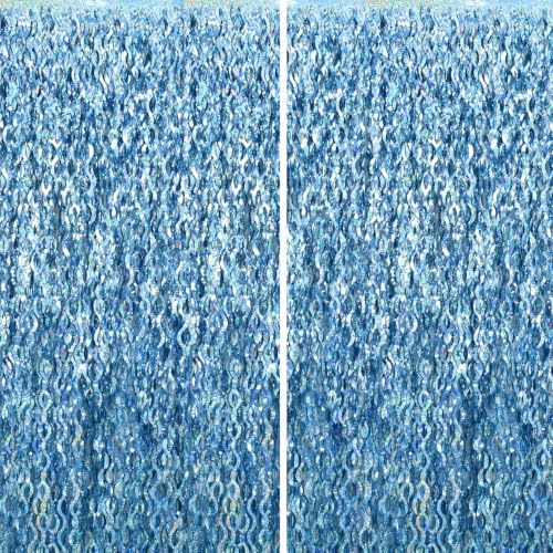 TONIFUL 2 Packs Wavy Light Blue Metallic Fringe Curtains Streamers Backdrop | 6.6ft x 6.6ft Wavy Metallic Tinsel Foil Streamer for New Year Birthday Photo Booth,Party Door Wall,Bachelorette,Mermaid Decor