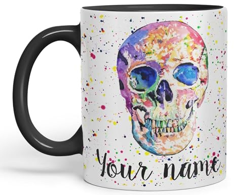 Vixar Personalised with Your Text Skull Front Art Coloured Ceramic Mug Cup Gift 330ml 11oz Custom Work Office Tea Coffee (Black)