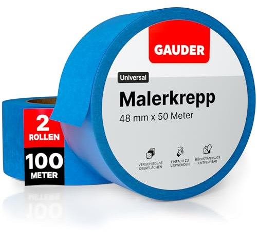 GAUDER Malerkrepp für präzise Farbkanten - Profi-Kreppband für Malerarbeiten - Malerband & Abdeckband blau - Abklebeband aus Washi-Papier (2 Rollen - 48 mm x 50 m)