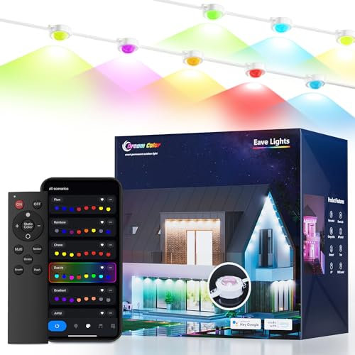 Lphianx Permanent Outdoor Lights, intelligente permanente, 100 Fuß, 80 LEDs, IP67 wasserdichte Lichterketten für den Außenbereich mit optionalen Farben, APP-/Sprach-/Fernbedienung
