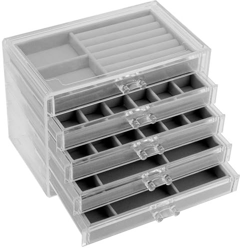 MAHIONG Acrylic Jewellery Organiser Box with 5 Drawers, Clear Stackable Jewelry Holder Storage Box for Ring Earring Necklace