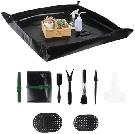 Nwvuop 21Pcs Succulent Tools Set, Waterproof Plant Potting Mat Indoor Repotting Mat with Gardening Tools 39.5× 39.5 inches(Black)