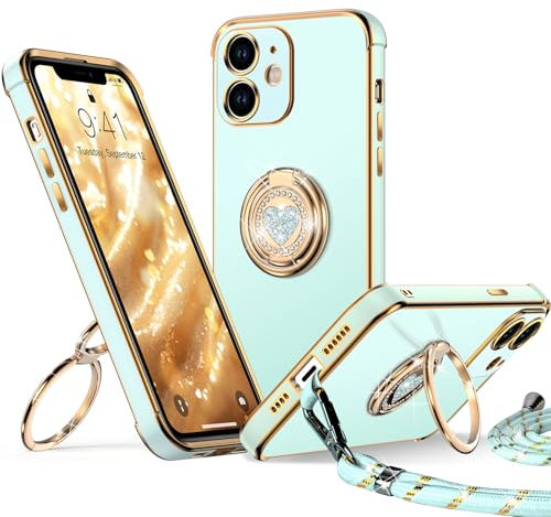 XYZ for iPhone 12 Mini Case with Stand, Luxury Bling Cute Heart Lanyard Protective Phone Case for iPhone 12 Mini, Green