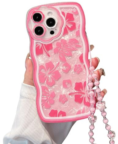 FXFOOT for iPhone 14 Pro Max Case, [Wavy Curly Edge Comfort Grip] [3 in 1 with Beaded Wrist Strap Bracelet Chain & Sparkling Cardstock] Aesthetic Pink Hibiscus Floral Flowers Pattern for Women Girls
