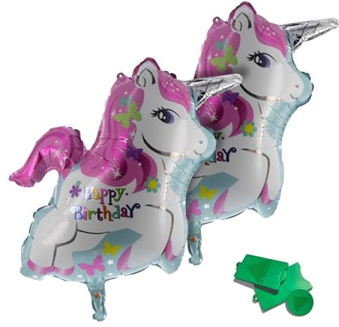 AKTIVHANDEL Einhorn Folienballon 2er Set, Happy Birthday, 62x80cm, geeignet für Luft und Heliumfüllung, Partydeko für Kindergeburtstage, Feiern, inkl. Einkaufschip