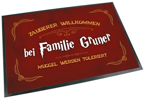 Unikatolo Fußmatte mit Name personalisiert (Zauberer Willkommen, 60x40cm) | individuell bedruckt Muggel werden toleriert Fußabtreter Dekoration Flur, Türeingang, Kinderzimmer | Einzugsgeschenk Paare