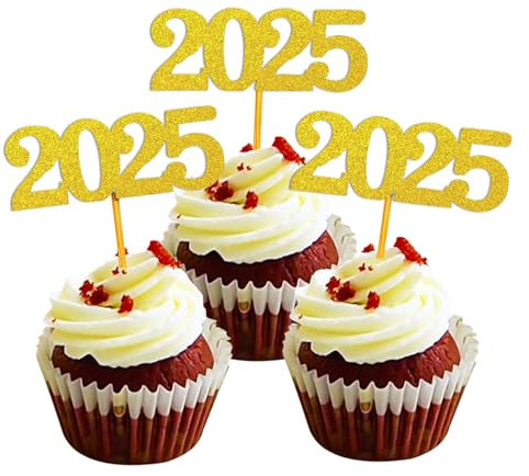 Paquete de 24 adornos para cupcakes de Año Nuevo, purpurina dorada 2025, decoración para tartas de Año Nuevo, pinchos de comida, decoraciones para 2025, Año Nuevo, cumpleaños, graduaciones, bodas,