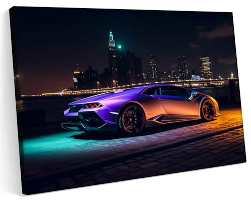 Printonia Leinwandbild m Malerei auf Leinwand 100x70 Lambo Revuelto GTA Style Sport Neon City at Night