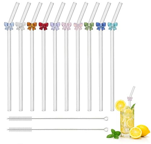 VirtuGro 10Pcs Glass Straws Drinking Reusable Bent Straws with Cleaning Brush Clear Straws with Charms Bows for Kids Girls Smoothies Cocktails Milkshakes Juices Coffee Water (20cm)