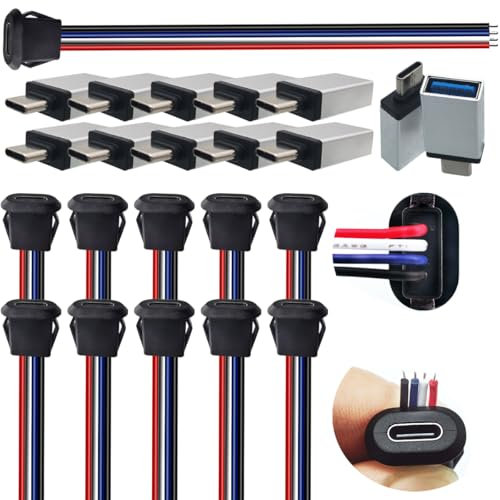 CESFONJER Type-C Panel Mount Connector, 10 Sets USB C Chassis Socket with 4 core Pigtail and Male to USB OTG Adapter - DIY Soldering Kit for Electronics Projects Repair