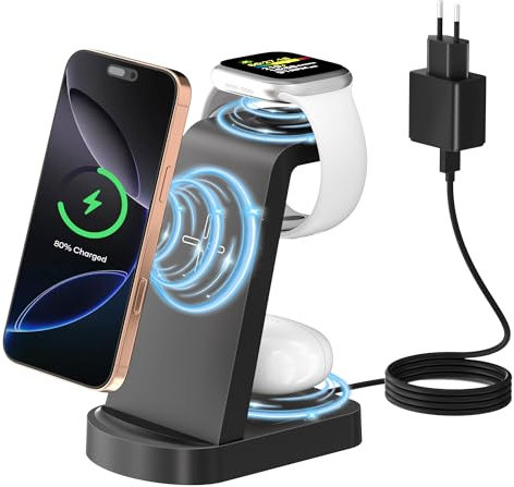 Caricatore Wireless,3 in 1 stazione di ricarica,stazione ricarica caricabatterie wireless compatibile con iPhone 16/15/14/13/12 Pro/Pro Max,Apple Watch Ultra/10/9/8/7/6/5/4/SE AirPods Pro Nero