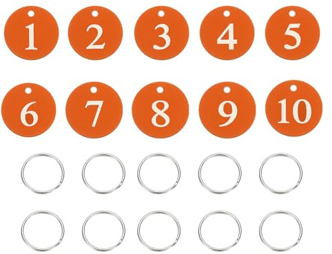 PATIKIL 10 Stück Nummernschilder 1-10 Tischnummer Schlüsselanhänger Orange | Nummerierte Schlüsselanhänger Metall Rund, Aluminium, Mit Schlüsselringen, Für Organizer Feldverkauf Kleiderbügel
