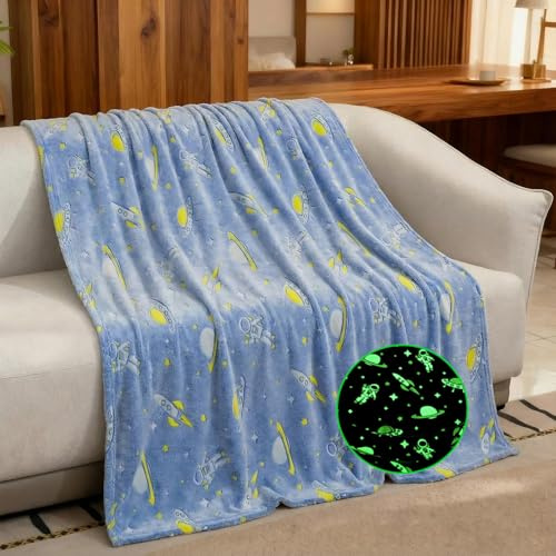 Astronauten Decke Leuchtet Im Dunkeln Junge, Blaues Warm Weiche Kinder Kuscheldecke Baby, 130X150 Wohndecke, Sofadecke Kuschelig (Blauer-Astronaut, 130x150cm)