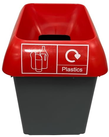 Chabrias 30 Litre Red Lid & Plastics Logo Recycling Bin – UK Made 100% Recycled Plastic Colour Coded Simpler Recycling Options