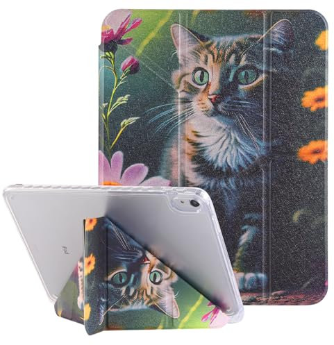 Vaitasy Coque pour iPad 2025 A16 11/ iPad 10 2022 10.9 à Angles de Vision Multiples Hülle mit Transparent Antichoc Acrylique Housse pour iPad 11 2025 Fleurs et Chats