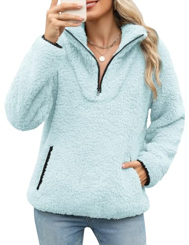 Tuopuda Pullover Damen Sweatshirt Herbst Winter Flauschig Pulli Fleece Weich Langarmshirt mit 1/4 Zip Taschen Langarm Locker Oberteile Tops Shirts Winterpullover ohne Kapuze(Hellblau,XXL)