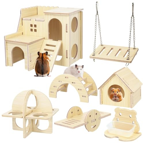 Lot de 7 jouets en bois pour hamster, jouets amovibles pour petits animaux avec pont, balançoire, tunnel à mâcher, bol de nourriture, jouets pour hamsters, cochons d'Inde, lapins, hamsters nains