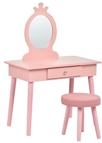 Beliani Toiletta da cameretta con specchio e sgabello Rosa