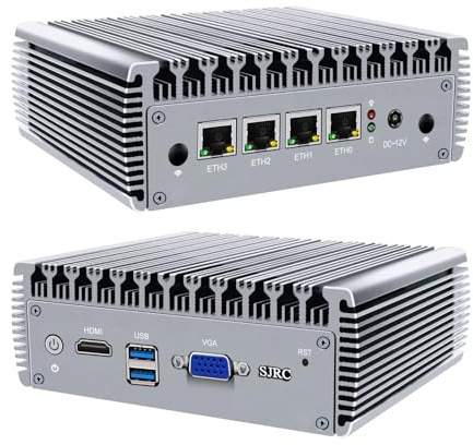 SJRC Mini PC Fanless J4125, 4x2.5 GbE I226-V LAN Firewall Appliance, Micro Desktop Computer Hardware HD VGA Dual Display, AES-NI OPNsense Router, USB3.0, DDR4 16GB RAM 512GB SSD