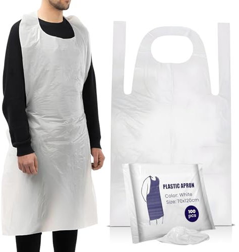Disposable Aprons White 100 Pack Waterproof Plastic Aprons for Adults | Flat pack polythene aprons, strong and fluid resistant, for catering, cooking, clinics, hospitality, cleaning