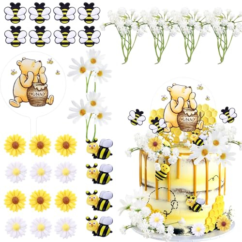 Morofme Winnie Puuh Tortendeko 31 Stück, Cake Topper Bienen Blume Gelbe Weiß Gänseblümchen Accessoires, Winnie Puuh Party Tortendeko Geburtstag für Cupcake Topper, Geburtstag, Themenparty Kuchendeko