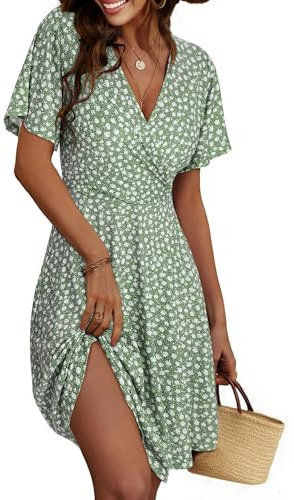 Cicy Bell Vestido de verano floral para mujer, vestido de línea A con cuello en V, manga corta, casual, playa, fiesta